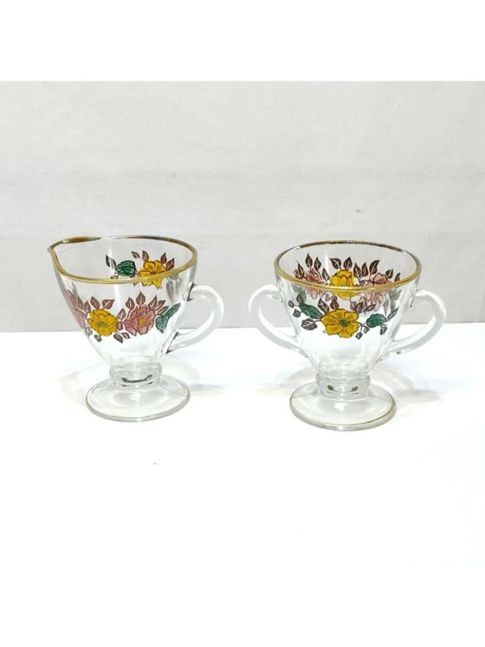 Vintage Glass Creamer & Sugar Set Floral Design Gold Rim Accents Artist Unknown